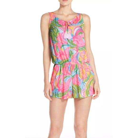 Lilly‎ Pulitzer Tybee Romper Boho Elastic Waist Women Size S Flamingo Beach - Picture 1 of 5